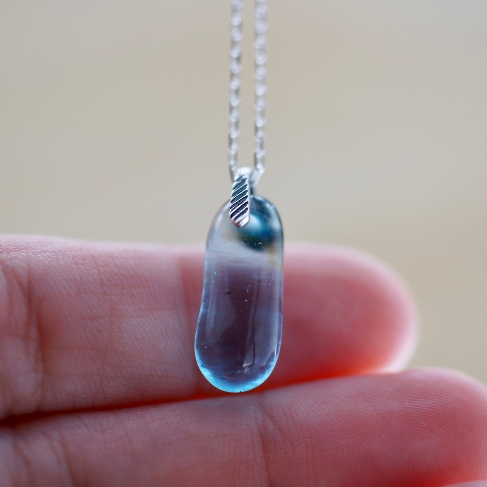 Glass Necklace Blue Bombay Sapphire Gin Recycled Bottle Dainty Sterling Silver